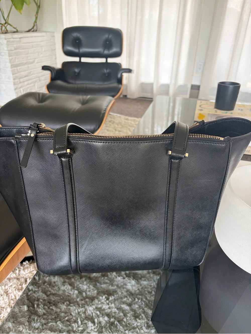 kate spade Black Leather Structured Tote with Gold Hardware